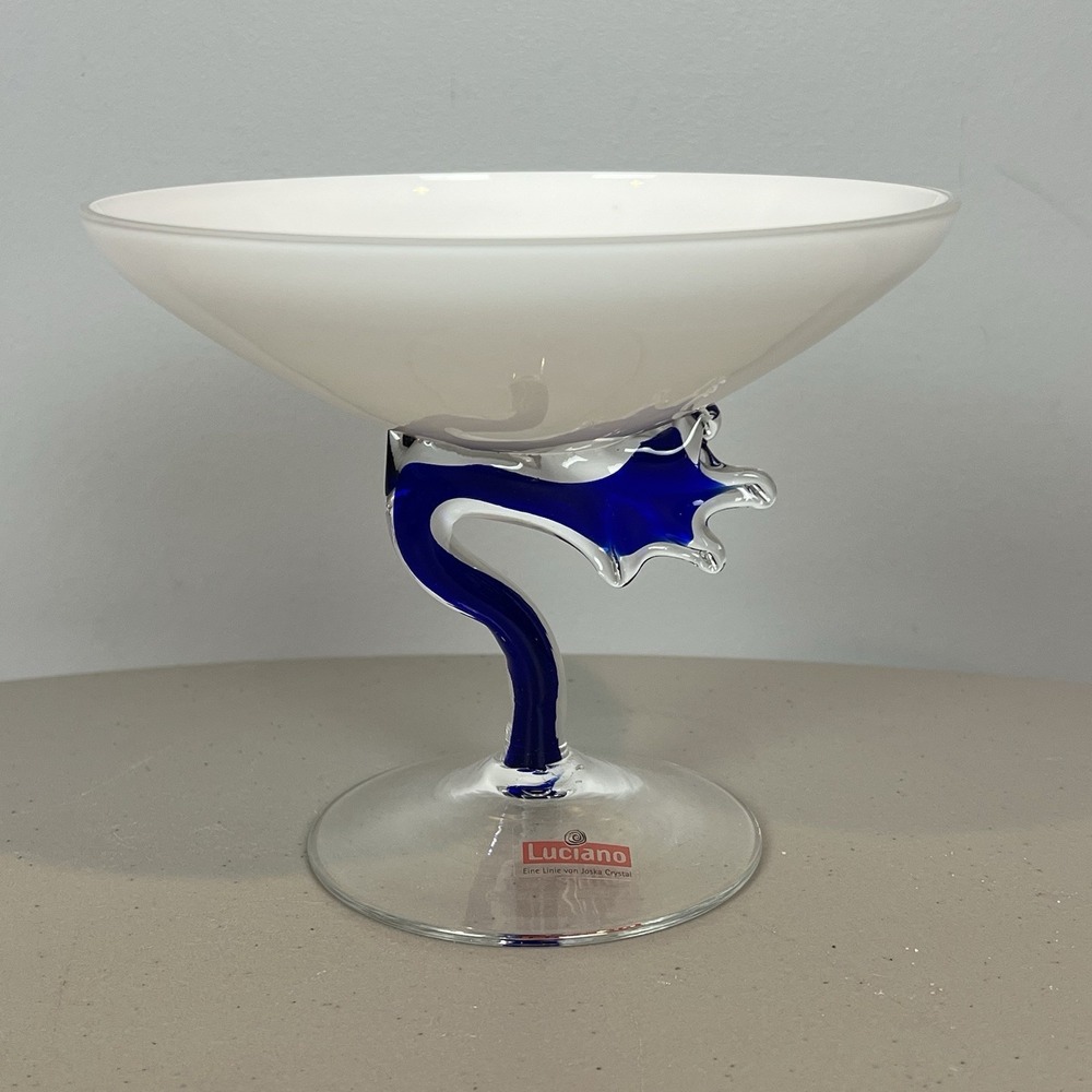 Luciano White Blue Art Glass Decorative Chalice von Joska Crystal 5.5"